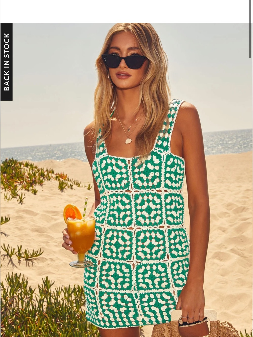 Green Crochet Square-Pattern Tank Dress vici